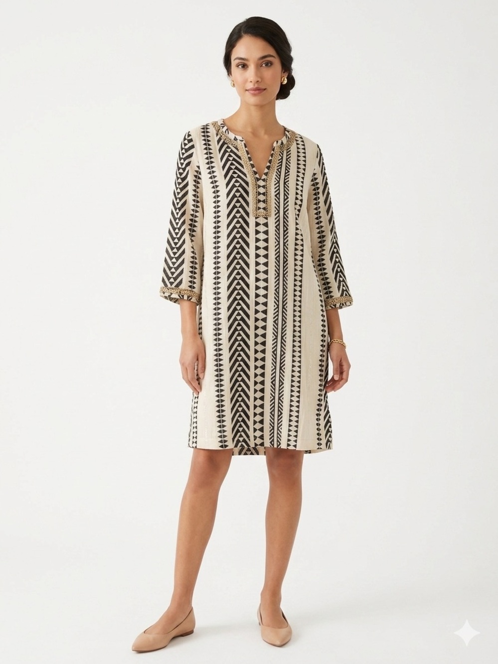 Soft Surroundings Rhea Aztec Embellished Caftan Dress Black & Cream | SMALL